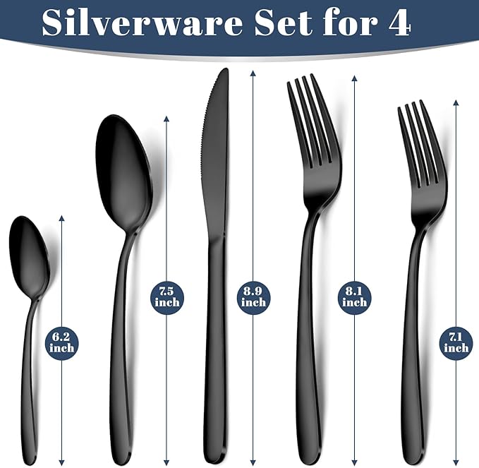 Hunnycook Black Silverware Set - 20PCS Stainless Steel Silverware Set for 4, Includes Forks Spoons and Knives, Utensil Sets for Home Kitchen Restaurant, Dishwasher Safe