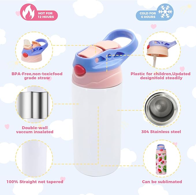12 Pack 12 OZ Sublimation Straw Sippy Cup Blank Tumblers Double Wall Vacuum Insulated Mixed Color Thermoses Stainless Steel Water Bottles for School (12)