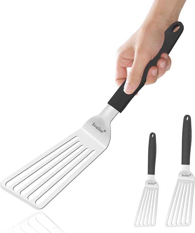 Fish Spatula Stainless Steel, 2Pcs Thickened Metal Spatulas, Slotted Turner with Silicone Handle for Cooking, Grilling, Flipping, Egg, Cookie, Pancake and Burger (Small and Large)
