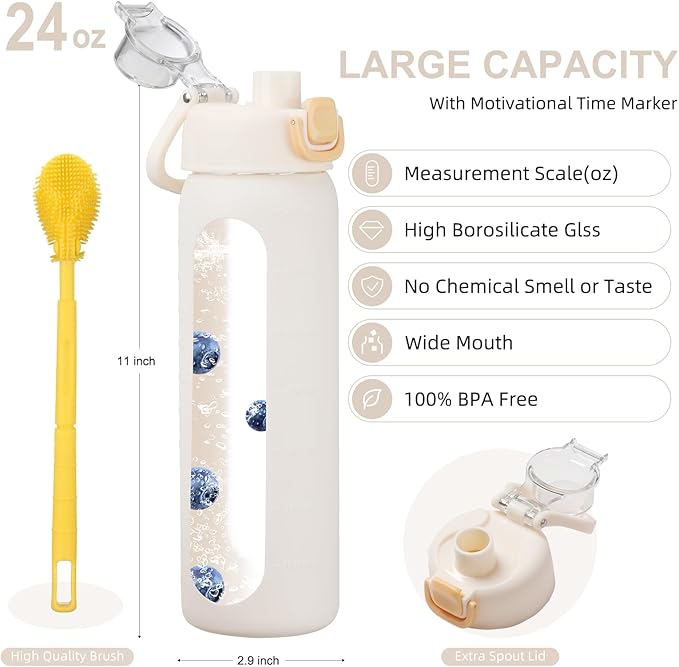 chunmo 24 oz Glass Water Bottles with 2 Lids-Handle Spout Lid & Straw Lid, Motivational Water Bottle with Time Marker and Silicone Sleeve,Leakproof-White-1 Pack