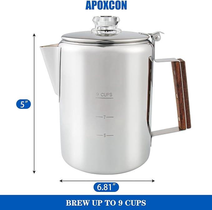 APOXCON Coffee Percolator Camping Coffee Pot Stainless Steel with Glass Knob Using on any Stovetop - NO Aluminum NO Plastic (9 Cup)
