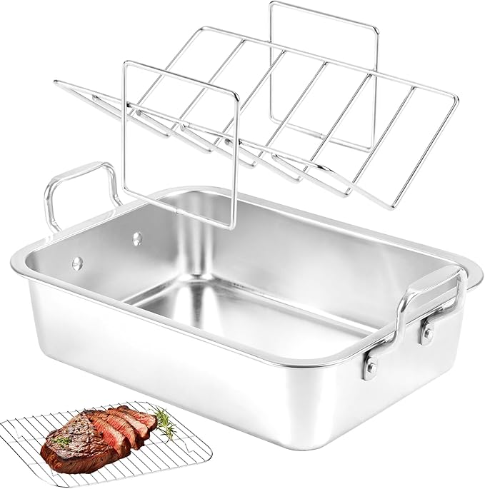 QPMR Roasting Pan with Cooling Rack - Stainless Steel Large Turkey Roaster Pan for Turkey, Chicken, Ham Roaster with V-Shaped Baking Rack Heavy Duty Dishwasher Safe