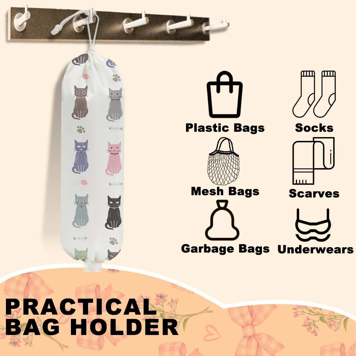 Cat Plastic Bag Holder, Wall Mount Grocery Bag Holder for Plastic Bags, Large Reusable Grocery Bags Organizer Storage Dispenser for Home Kitchen Pantry Decor, Cat Lover Gifts for Women