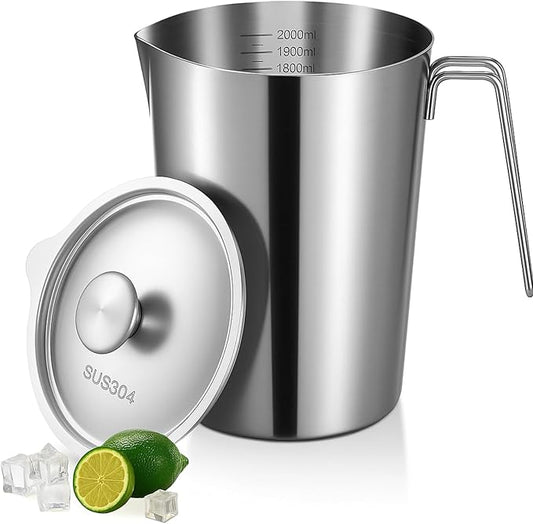 1 Pcs 2 L/70 oz Large Stainless Steel Pitcher with Lid, Metal Measuring Cup, Large Mouth Graduated Beakers with Handle, Milk Frothing Jug for Espresso Machine, Latte Art, Hot/cold Water