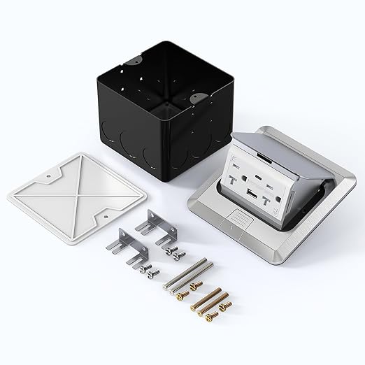 KYHSHJ USB Pop Up Floor Socket Kit with 2 * 20A Receptacle，4.8A 1 USB-A Ports &1 USB-C Port，Corrosive Resistant Hardware,Silver