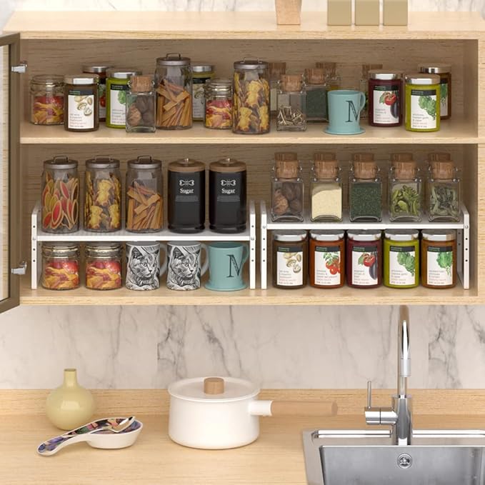 Expandable Cabinet Shelf Organizer, Stackable Pantry Cabinet Counter Under Sink Shelves Inside Cabinet Storage for Kitchen Bathroom Office, 2 Packs, White