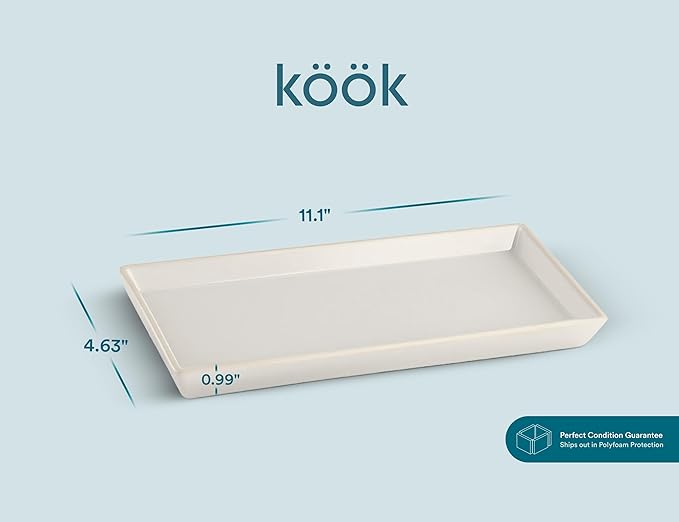 KooK Serving Platters and Trays, Trays for Serving Food, Ceramic 11 Inch Rectangular Serving Trays, Platters for Food at Parties and Entertaining, Microwave, Dishwasher Safe, White, Set of 4