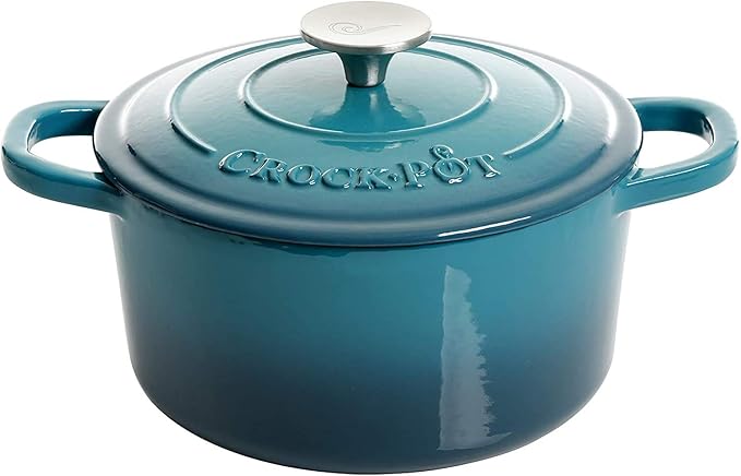 Crock-Pot Artisan 3-Quart Round Enameled Cast Iron Dutch Oven – Gradient Teal, Durable Heavy-Duty Cookware for Slow Cooking, Roasting, Baking with Lid