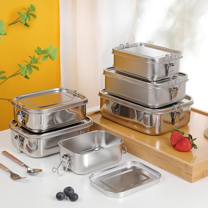 3-Pack 850ml (28.7 oz) Stainless Steel Bento Lunch Box Containers with Lids - Waterproof Metal Food Storage - Snack Prep Trays and Tiffin Carriers