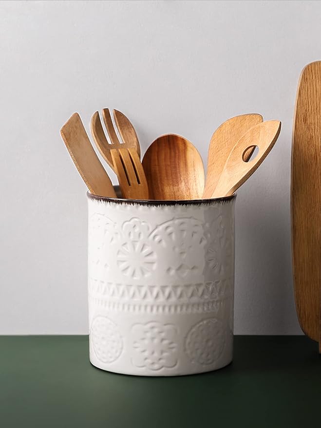 DOWAN 7.2" Kitchen Utensil Holder, Extra Large Farmhouse Utensil Holders for Countertop, Ceramic Utensil Crock, Anti Slip Cork Bottom