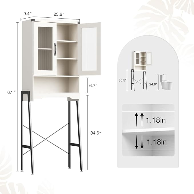 Over The Toilet Storage Cabinet with Tempered Glass Doors & Adjustable Shelf, Bathroom Organizers and Storage with Metal Stand Space Saver Over Toilet Organizer, Tall Freestanding Rack, White