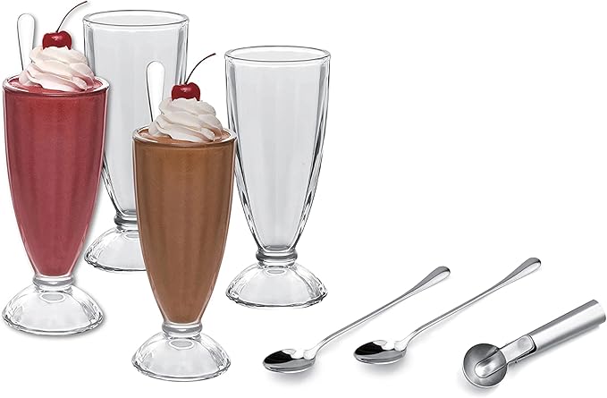9-Piece Ice Cream Serving Set - 4 Cups, 4 Spoons, 1 Scoop for Sundaes, Milkshakes, Desserts - Silver, Large