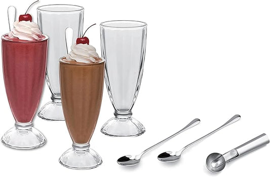 9-Piece Ice Cream Serving Set - 4 Cups, 4 Spoons, 1 Scoop for Sundaes, Milkshakes, Desserts - Silver, Large