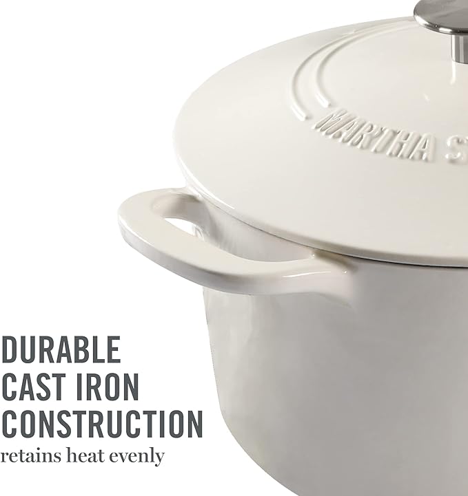 MARTHA STEWART Gatwick 7-Quart Enamel Cast Iron Dutch Oven – Linen Color with Silver Knob – Durable Heavy-Duty Dutch Oven for Slow Cooking and Braising