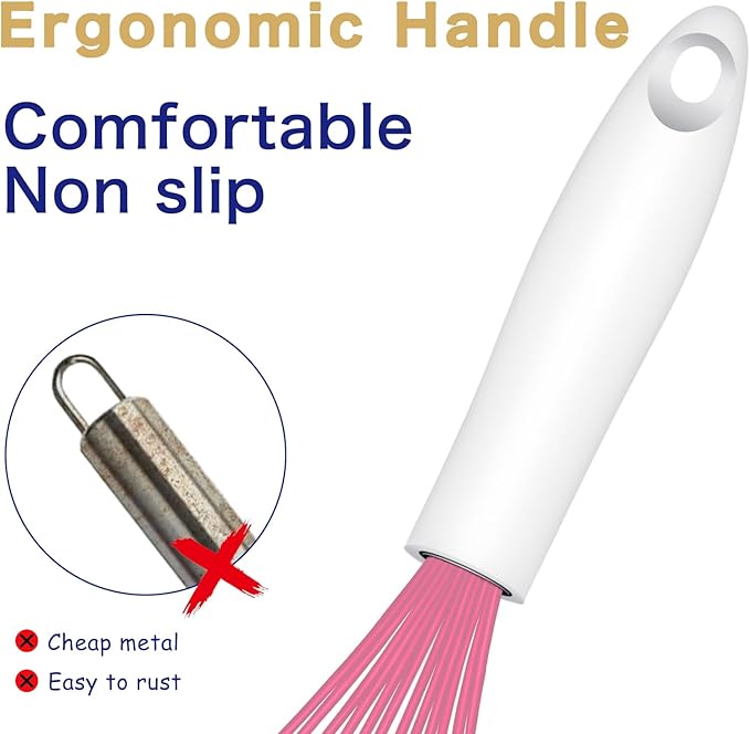 Pink Silicone Whisk, Sealed Waterproof Design Set of 3, Professional Kitchen Whisks for Cooking Non-Scratch, Silicone&Stainless Steel Whisk, Heat Resistant 480°F Rubber wisk, BPA free
