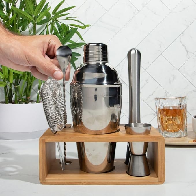 Premium Cocktail Shaker Set with Bamboo Stand, 4-Piece Bar Tools Kit, Stainless Steel Bartender Set with Shaker, Jigger, Mixing Spoon, and Strainer