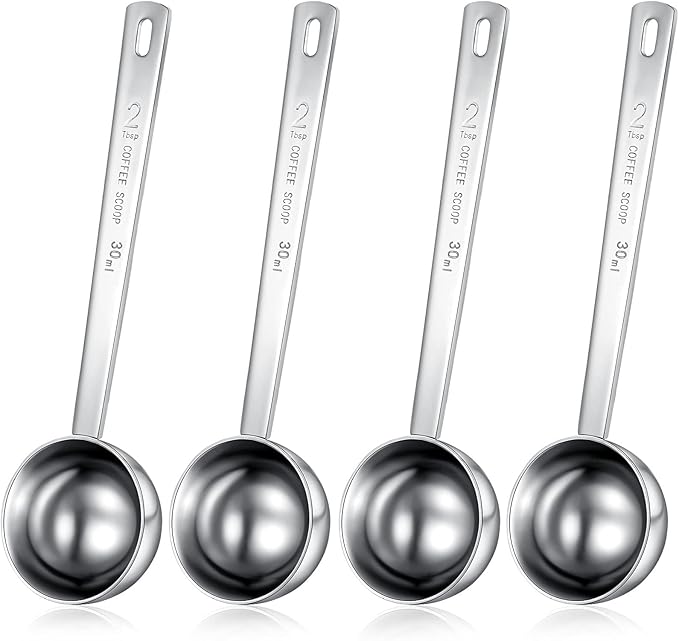 Geiserailie 4 Pcs 2 Tablespoon Scoops with Long Handle, 30 ml Stainless Steel Measuring Spoon for Coffee Milk Fruit Powder, Loose Tea Dry, Spice Jar, Cooking Baking, and Other Dry Goods