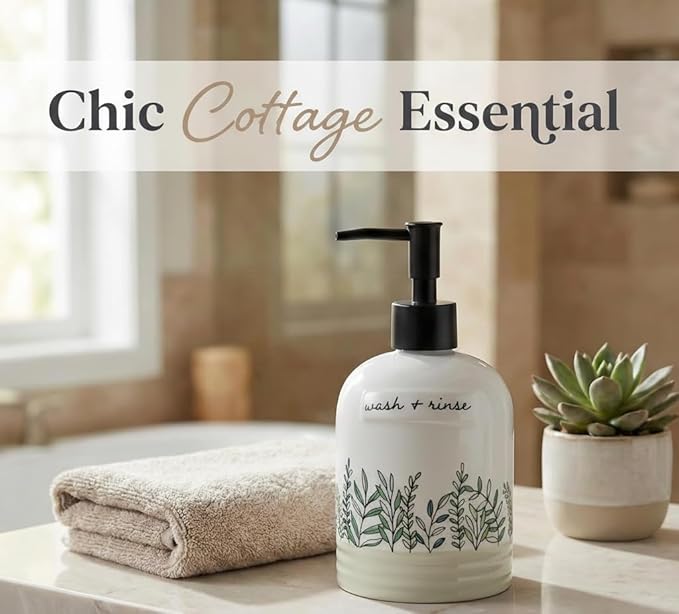 Young's Inc Quiet Cottage Ceramic Soap and Lotion Dispenser, Farmhouse Botanical Kitchen Sink Soap Pump, Rustic Cottagecore Bathroom Countertop Soap Dispenser Bottle, 6.7 Inch