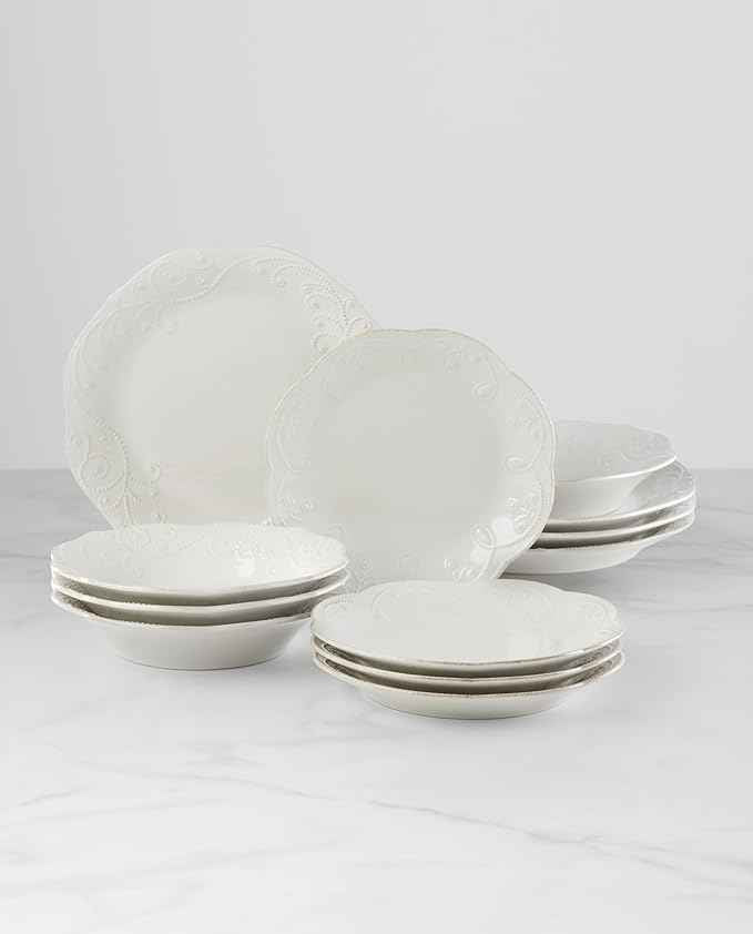 Lenox 890951 French Perle 12-Piece Plate & Bowl Dinnerware Set White