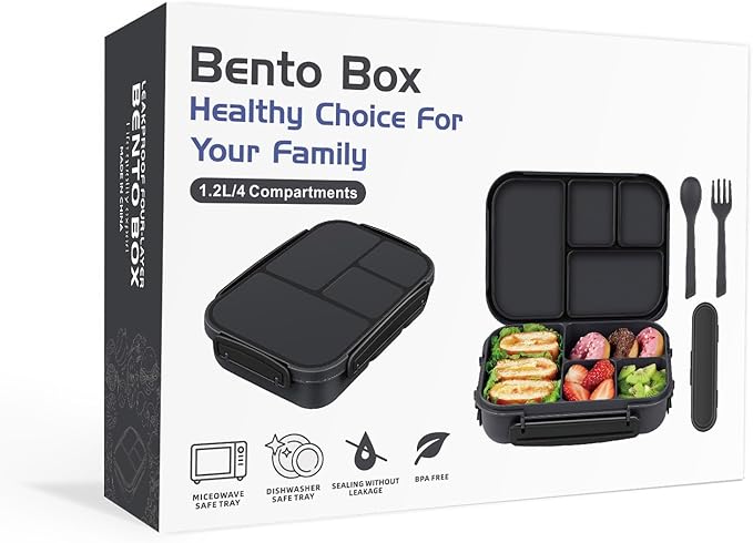 Amathley Lunch Box Kids,Bento Box Adult,Leakproof Lunch Containers for Adults/Kids/Toddler,1200ML-4 Compartments bento Lunch box with Utensil,Microwave & Dishwasher & Freezer Safe (Dark Gray)
