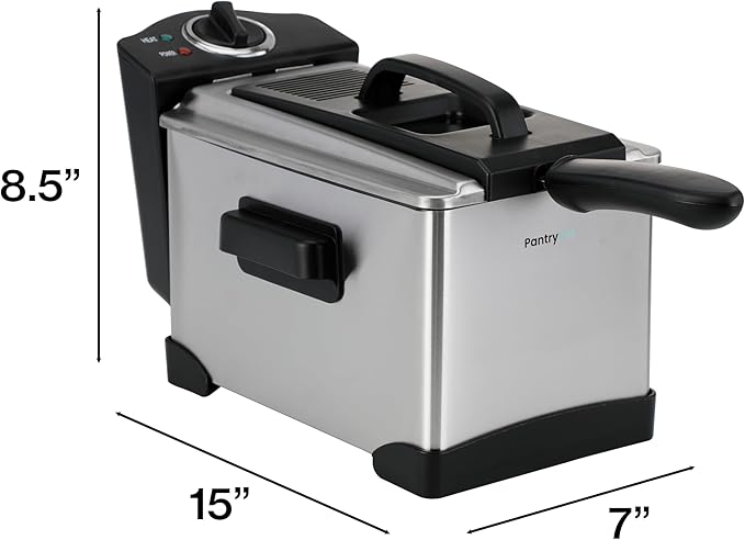 PantryPro 2 Liter / 2.1 Quart Stainless Steel Immersion Electric Deep Fryer, 1400 W, Temperature Control, Basket with Hook, Odor Filter, Lid w. Viewing Window