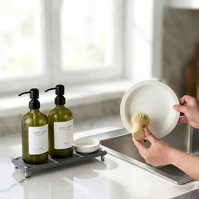 2 Pack Kitchen Soap Dispenser Set - 16oz Green Glass Dish and Hand Soap Dispenser with Stainless Steel Pump, Instant Dry Tray, Dish Brush & Holder, Refillable Countertop Sink Decor for Kitchen & Bath