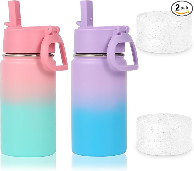 Volhoply 14oz KIds Water Bottle with Straw Lid and Silicone Boot Bulk 2 Pack,Stainless Steel Insulated Cups for Boys & Girls Multipack,Double Wall Vacuum Leakproof Bottles(Mix,2)