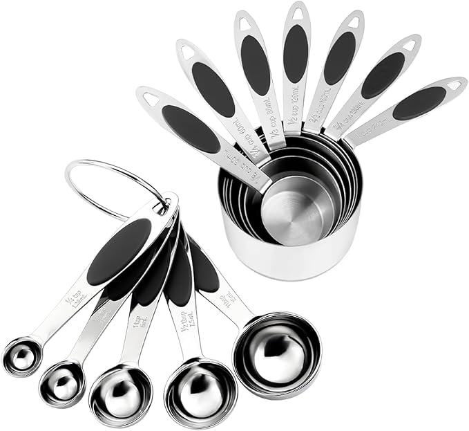 Magnetic Measuring Cups and Spoons Set, 12 Piece Stainless Steel Measuring Cups and Spoons Set, Nesting Kitchen Gadgets with Removable Clasp for Cooking & Baking (Black)