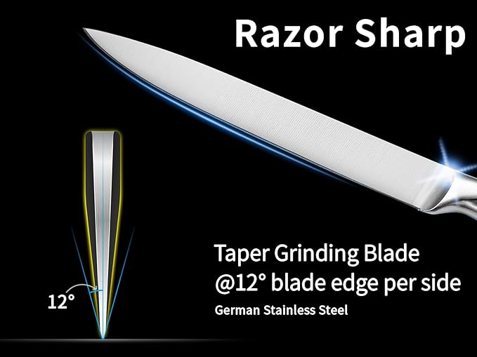 8 Inch Slicing Knife, German High Carbon Stainless-Steel Blade and Full Tang Handle, Super Sharp Slicer Knife for Carving Slicing Cutting of Meat Vegetables and Fruits-Silver