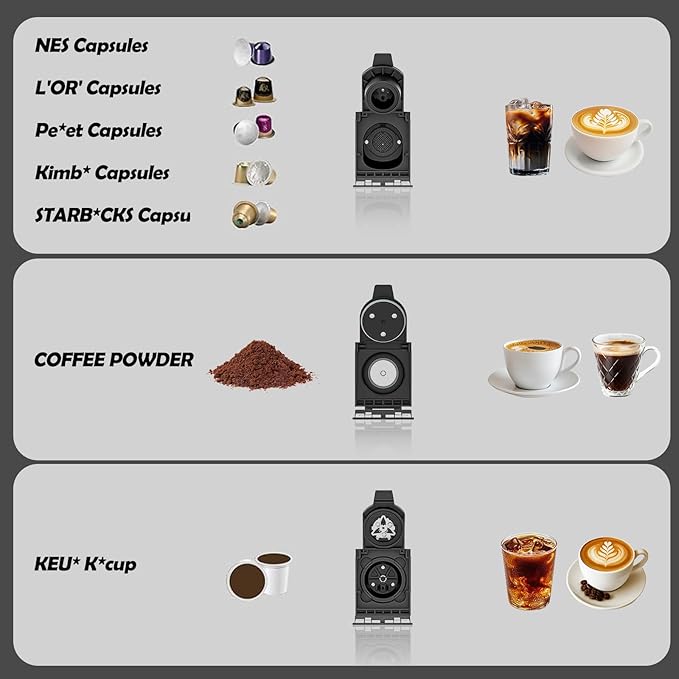 PULZO Espresso Machine with Integrated Automatic Milk Frother, capsule coffee maker for K*cup capsule/Ne*s Original/coffee powder, One Touch Latte & Cappuccino