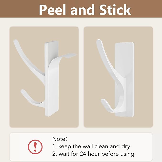 pickpiff White Self Adhesive Coat Hooks for Hanging: 13LB Extra Strong Stainless Wall Hook for Towel, Utensil, Backpack, Hat, Sturdy Metal Hanger for Bathroom, Kitchen, Door, 10 Pack