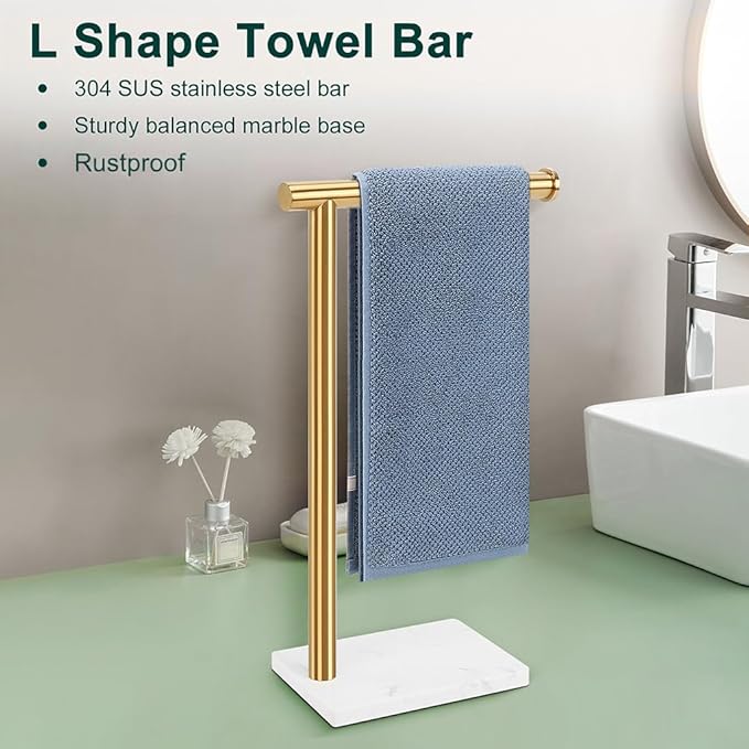 Hand Towel Holder, Hand Towel Stand for Bathroom with Marble Base, 304 Stainless Steel L Shape Hand Towel Rack Bar Standing for Vanity Kitchen Countertop, Brushed Gold