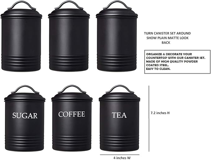 Kitchen Canister Set of 3 Sugar Coffee Tea with lids Food Storage, Black