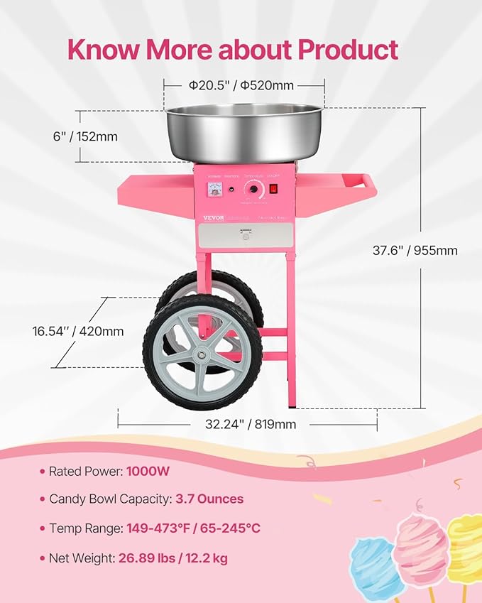 VEVOR Electric Cotton Candy Machine with Cart, 1000W Commercial Candy Floss Maker with 20.5 in Stainless Steel Bowl, Sugar Scoop, and Drawer, Easy to Use, for Home, Kids Birthday, Family Party, Pink