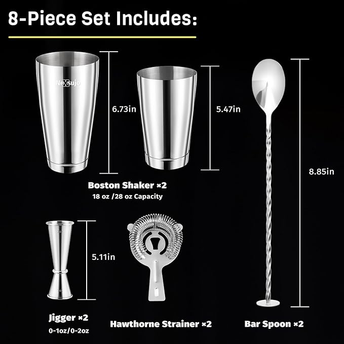 Boston Cocktail Shaker, 8-Piece Professional Shaker Set, Stainless Steel Bar Tools Set with Boston Shaker, Bar Spoon, Jigger, Hawthorne Strainer, Dishwasher Safe, Ideal Bartender Kit for Bar
