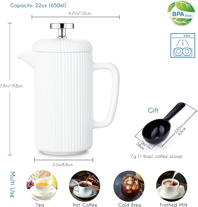 Easyworkz Porcelain French Press 34 fl oz, Coffee Tea Maker with Stainless Steel Plunger 1000 ml, Ivory
