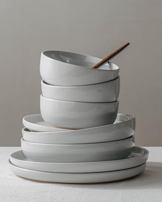 Famiware Milkyway Plates and Bowls Set, 12 Pieces Dinnerware Sets, Dishes Set for 4, Light Gray