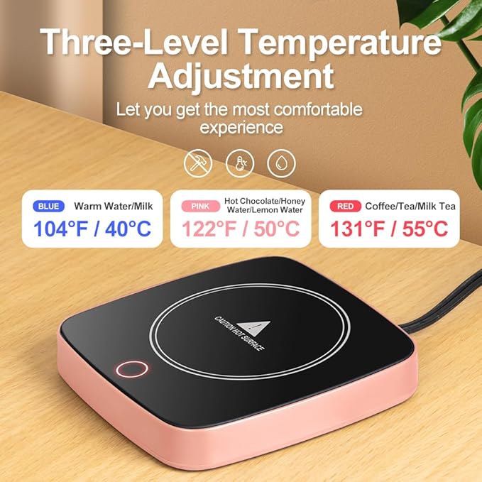 Coffee Mug Warmer Waterproof Smart Cup Warmer with 3 Temperature Setting for Warming & Heating Coffee, Beverage, Milk, Tea and Hot Chocolate (Pink)