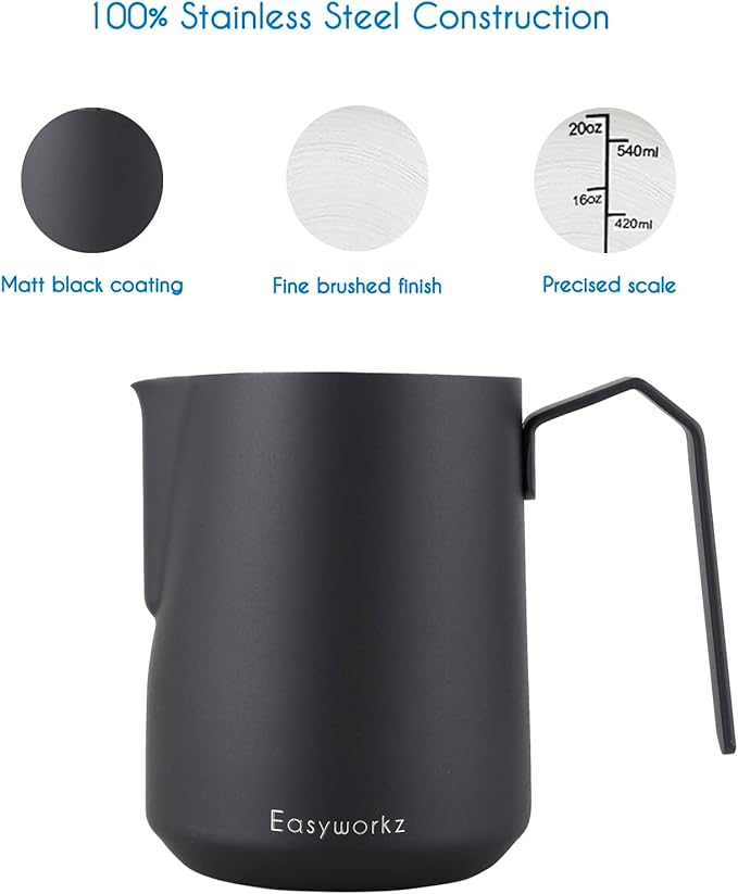 Easyworkz Espresso Steaming Pitcher Stainless Steel 12 oz Latte Art Cup (Sliver), Bundled with Easyworkz Espresso Steaming Pitcher Stainless Steel 20 oz (Black)