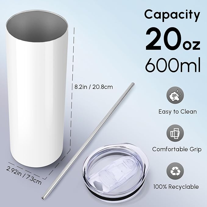 Volhoply 24 Pack Skinny Sublimation Tumblers with Lid and Straw, 20oz Stainless Steel Straight Tumbler Bulk, Vacuum Insulated Coffee Mug for Home, Office, Travel, DIY (Sublimation,24 Pack)