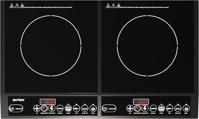 Sunvivi Portable Induction Cooktop: 2 Burners in 1, Commercial-Grade Electric Countertop Stove with LED Touchscreen, 8 Power Levels & Precise Temp Control (176°F-518°F), Independent Timer, Black