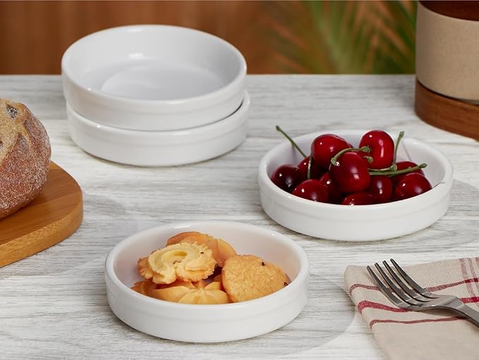 ONEMORE Ramekins 4 oz, Creme Brulee Ramekins Oven Safe Ceramic Shallow Souffle Dishes for Baking Custard, Mini Pies, Puddings and Dipping Sauces 4.5 inch White Mini Round Quiche Pans Set of 6