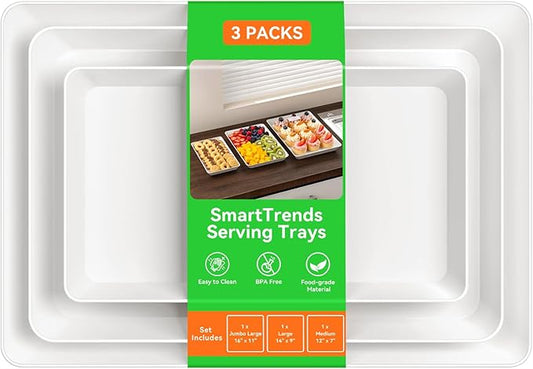 3-Pack Serving Tray for Parties, Serving Platter in 3 Sizes for Entertaining, Camping & Food Display, Plastic Trays for Cookies, Dessert, Stackable Rectangular Platters for Family(White)