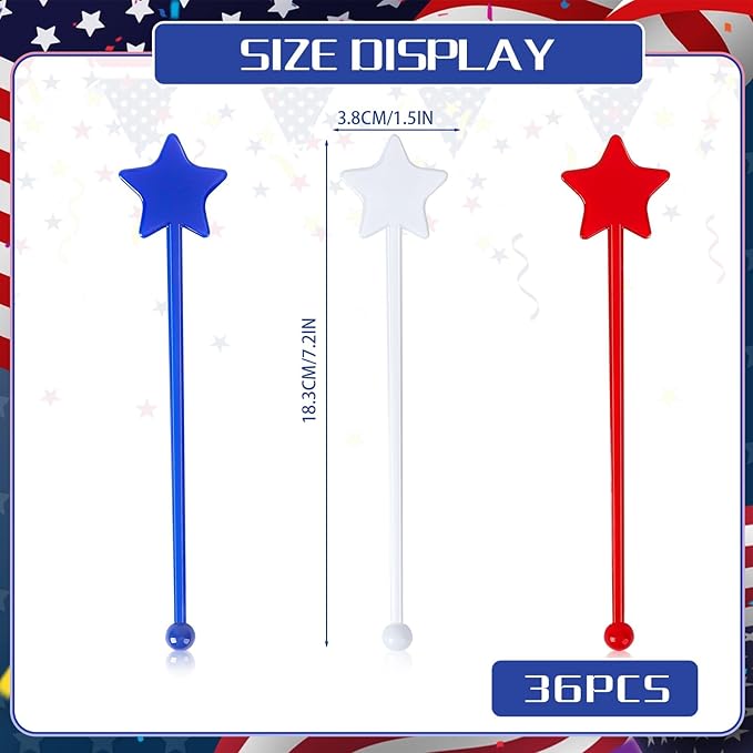 Jansun 36 Pcs 4th of July Patriotic Cocktail Stirrers, Red White and Blue Drink Stirrers Plastic Swizzle Sticks Reusable Coffee Stirrers Stir Sticks for Fourth of July Independence Day Party Supplies