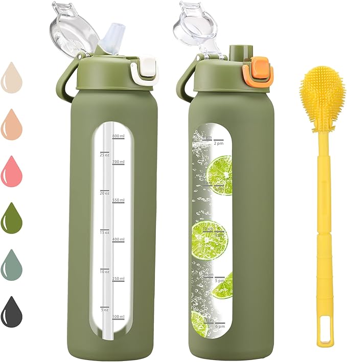 chunmo 32 oz Glass Water Bottles with 2 Lids-Handle Spout Lid & Straw Lid, 1 Liter Motivational Borosilicate Water Bottle with Time Marker and Silicone Sleeve,Leakproof-Army Green-1 Pack