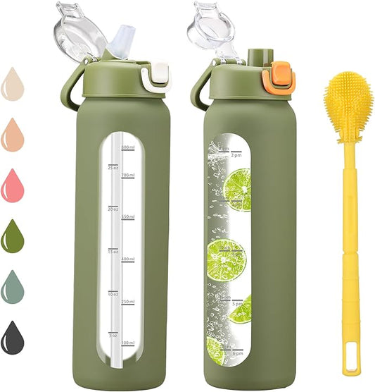 chunmo 32 oz Glass Water Bottles with 2 Lids-Handle Spout Lid & Straw Lid, 1 Liter Motivational Borosilicate Water Bottle with Time Marker and Silicone Sleeve,Leakproof-Army Green-1 Pack