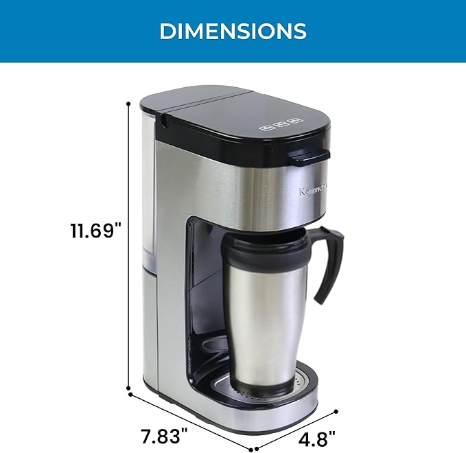 Kenmore Single Serve Coffee Maker – 6–12 Oz Brew Sizes, Compatible with Keurig K‑Cup Pods & Ground Coffee, One Cup Brewer, Travel Mug Friendly, Auto Shut‑Off, Hot & Iced Machine à café, Black