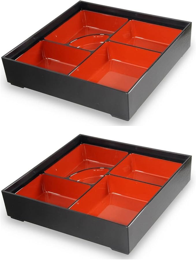 JapanBargain 4591, Red and Black Japanese Traditional Plastic Lacquered Lunch Bento Box 5 Compartments for Restaurant or Home Tray and Plate 2pc Set, Made in Japan, 9.5", Pack of 2