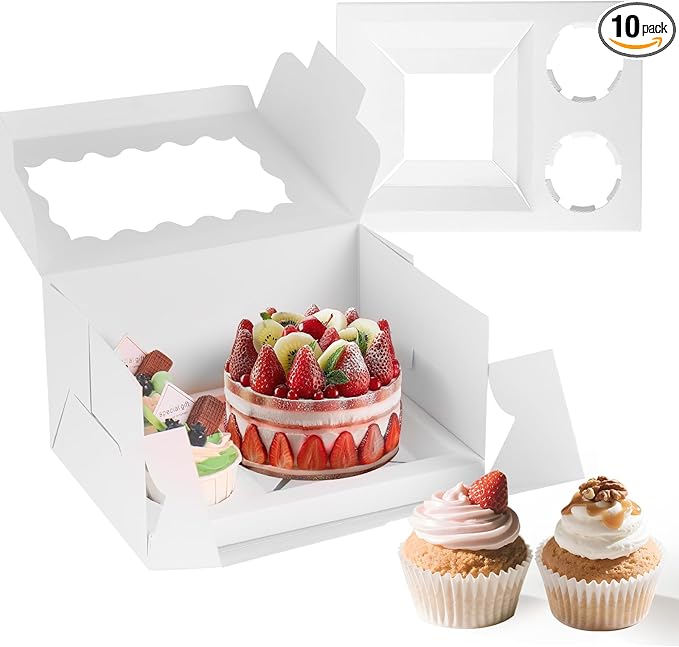 10 Packs bento cake box and Cupcake Box 3 Holes Fit 2 Cupcakes and 1 Mini Cake Box with Clear Window and Stickers for Wedding Birthday Party Bakery pastry boxes(White, 1+2(10Pack))