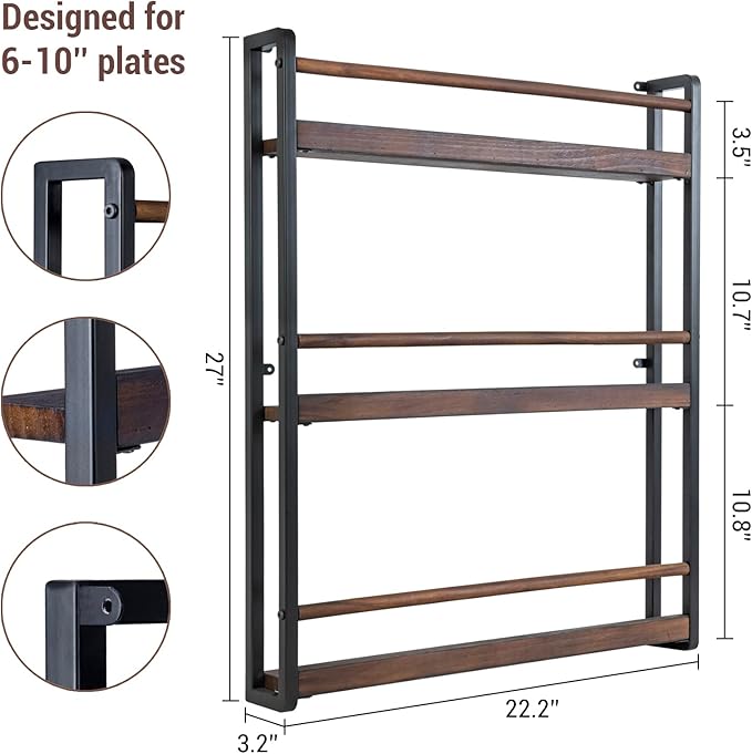 MyGift 3-Tier Wall Mounted Plate Display Rack – Industrial Matte Black Metal & Dark Burnt Wood Storage for 6-10 Inch Plates, Decorative Plate Holder for Kitchen or Dining Room
